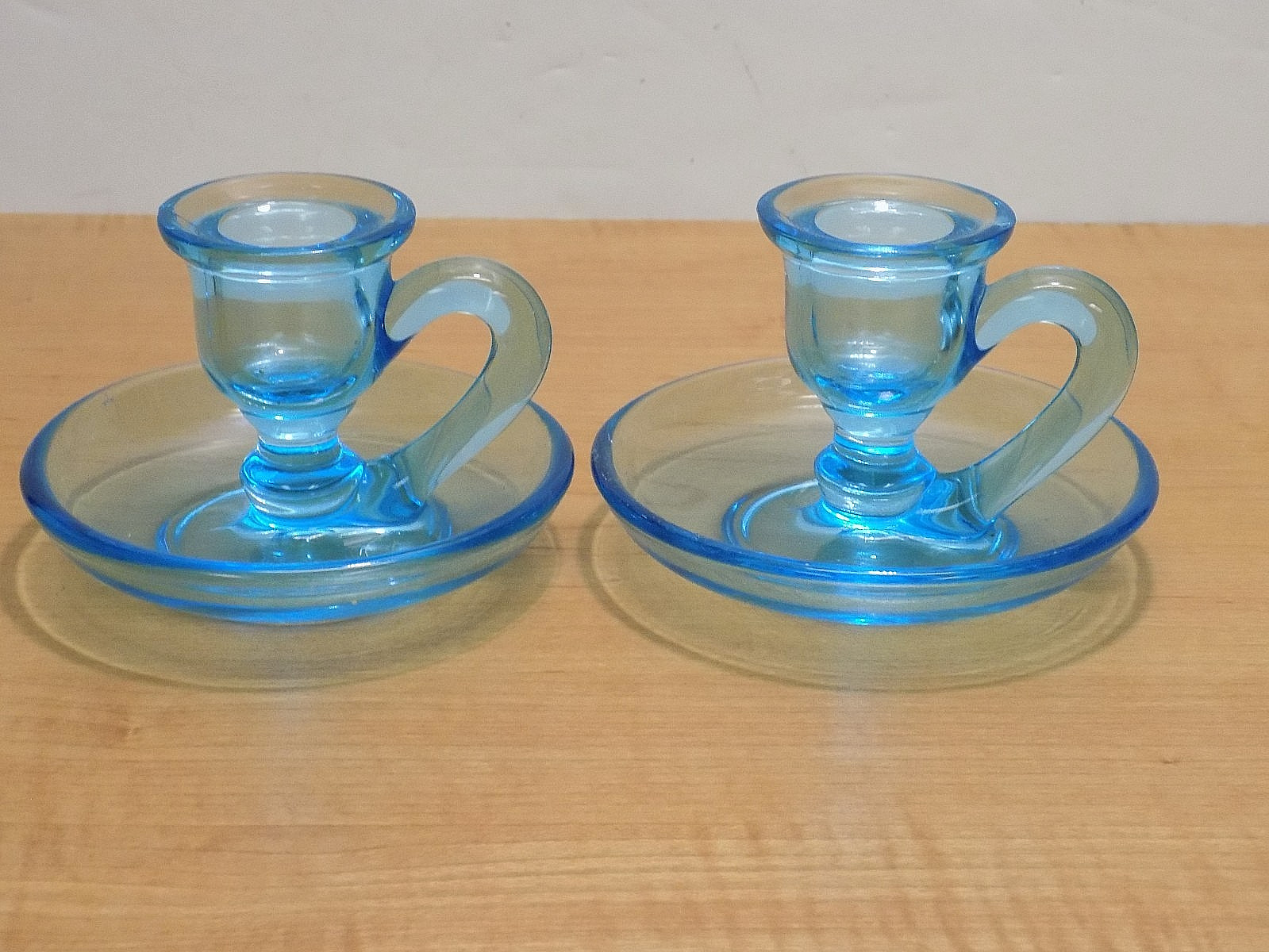 Pair Tiffin U.S. Glass #319 Light Blue Glass Finger Loop Chamber Candle Holders