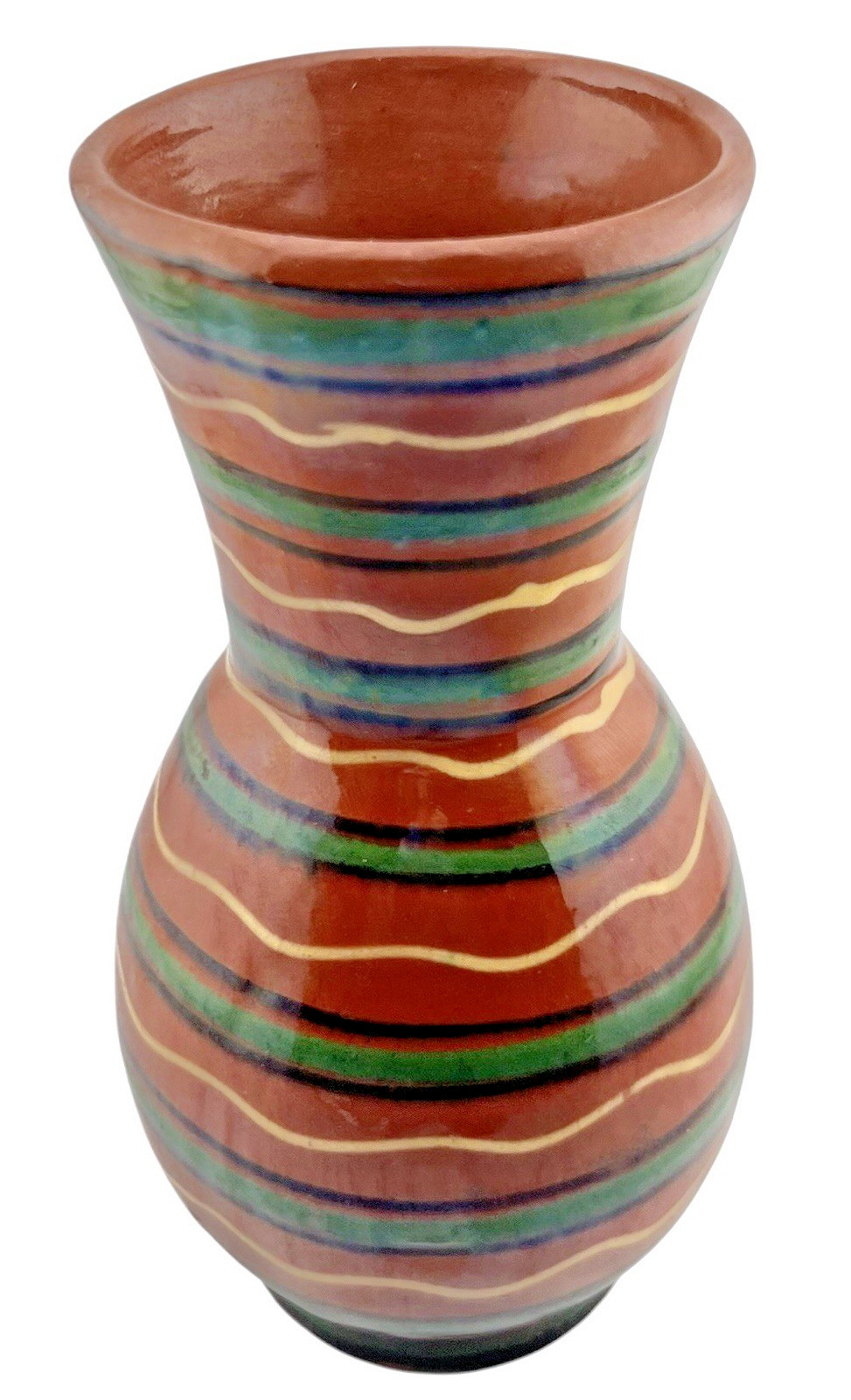 Handmade Redware Art Pottery Vase Green Blue Yellow Stripes 7″ x 3”