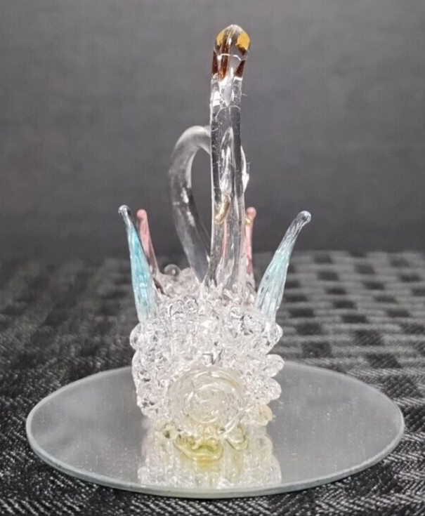 Spun Glass Church Figurine Blue Pink Clear 24kt Gold Accents Mirror Base Exc