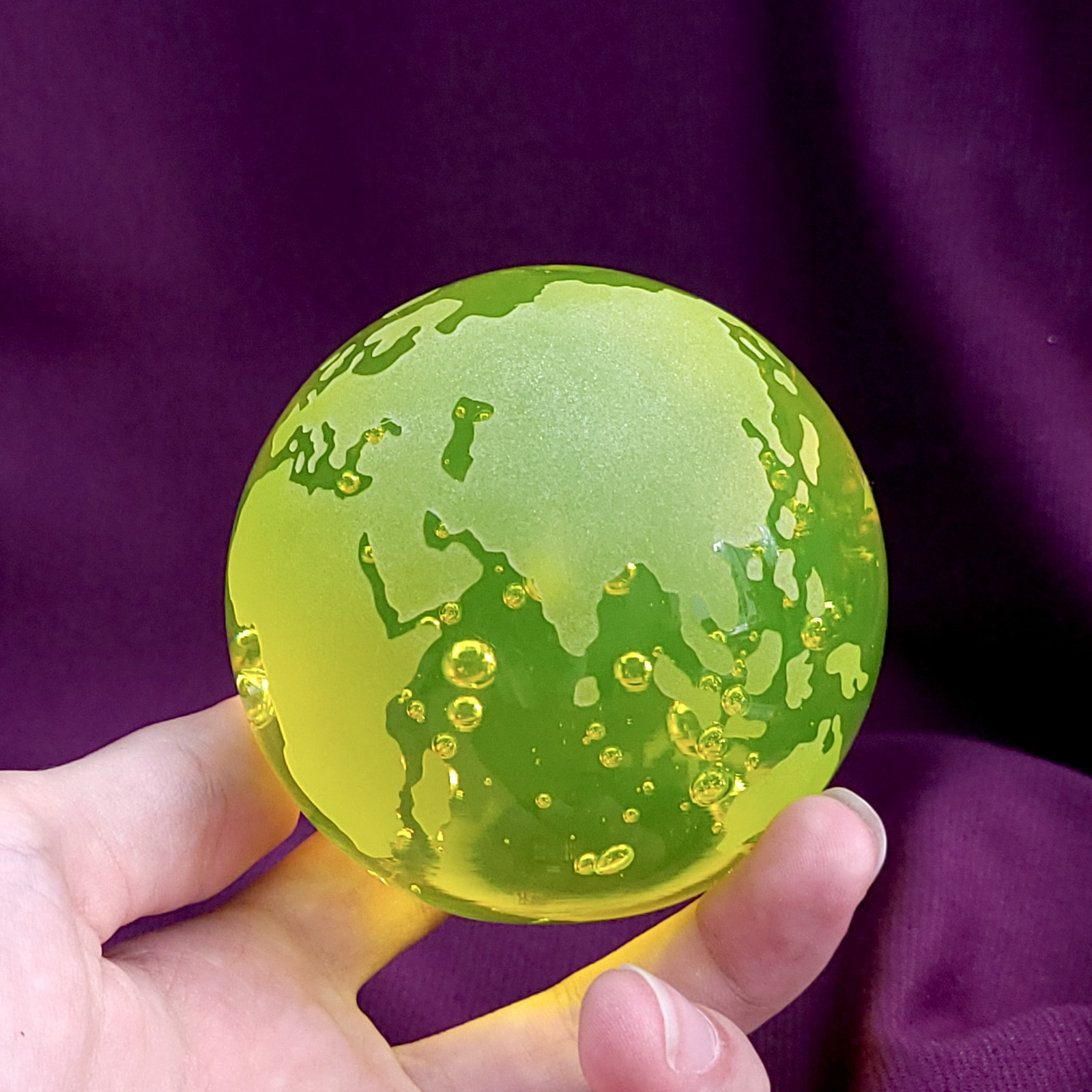 Uranium Glass Earth Paperweight 79mm Vaseline Glass Sphere Globe with Bubbles