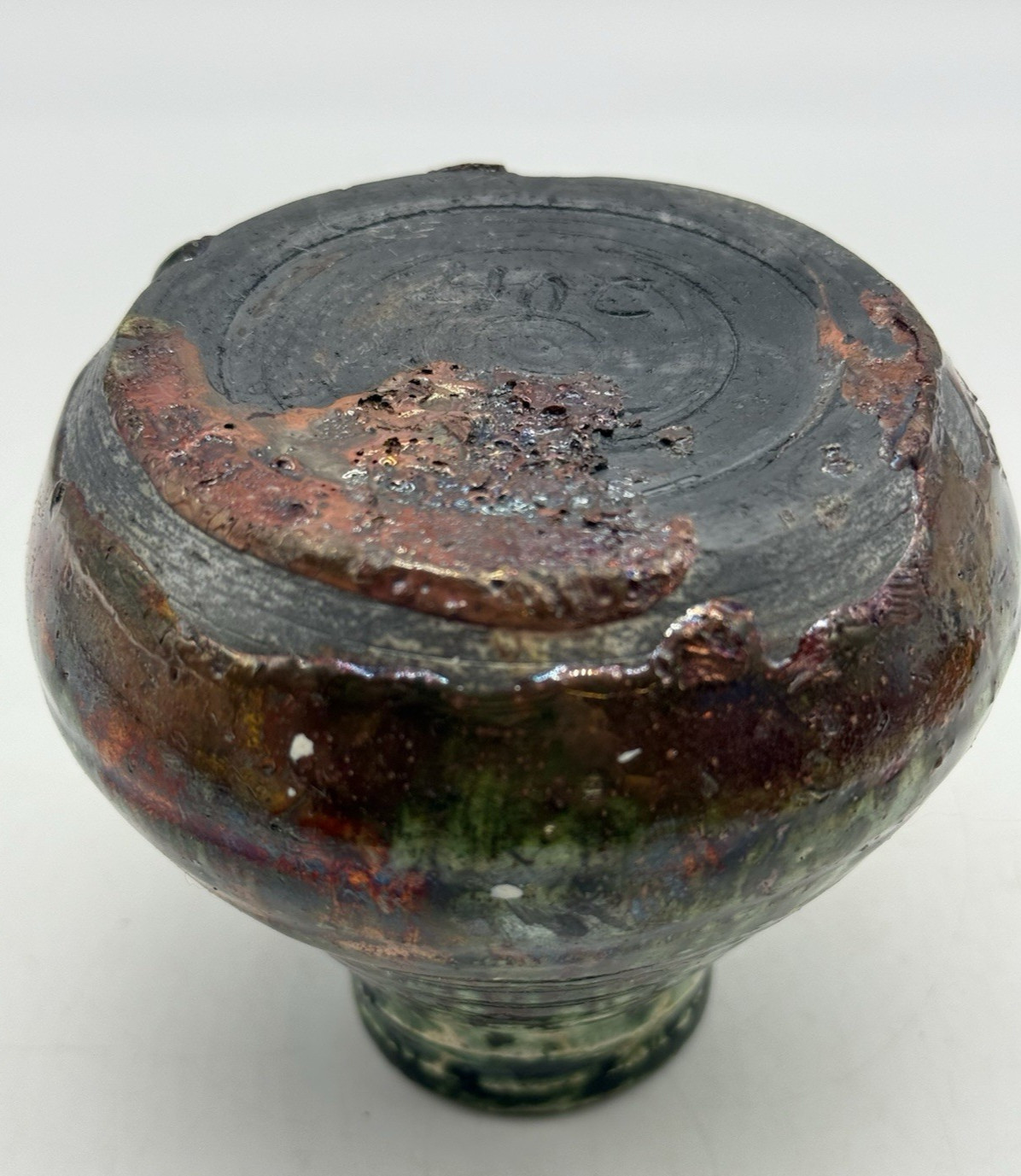 Raku Pottery Green Glaze Iridescent Small 3 3/4″ Vase Hand Thrown Signed