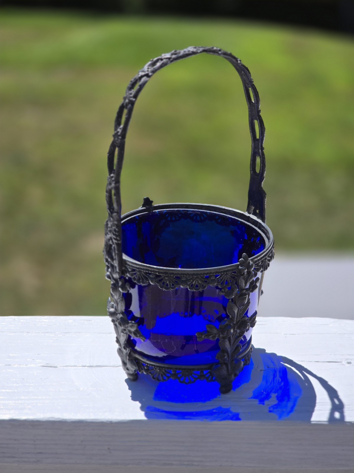 Metal Basket With Cobalt Blue Bowl