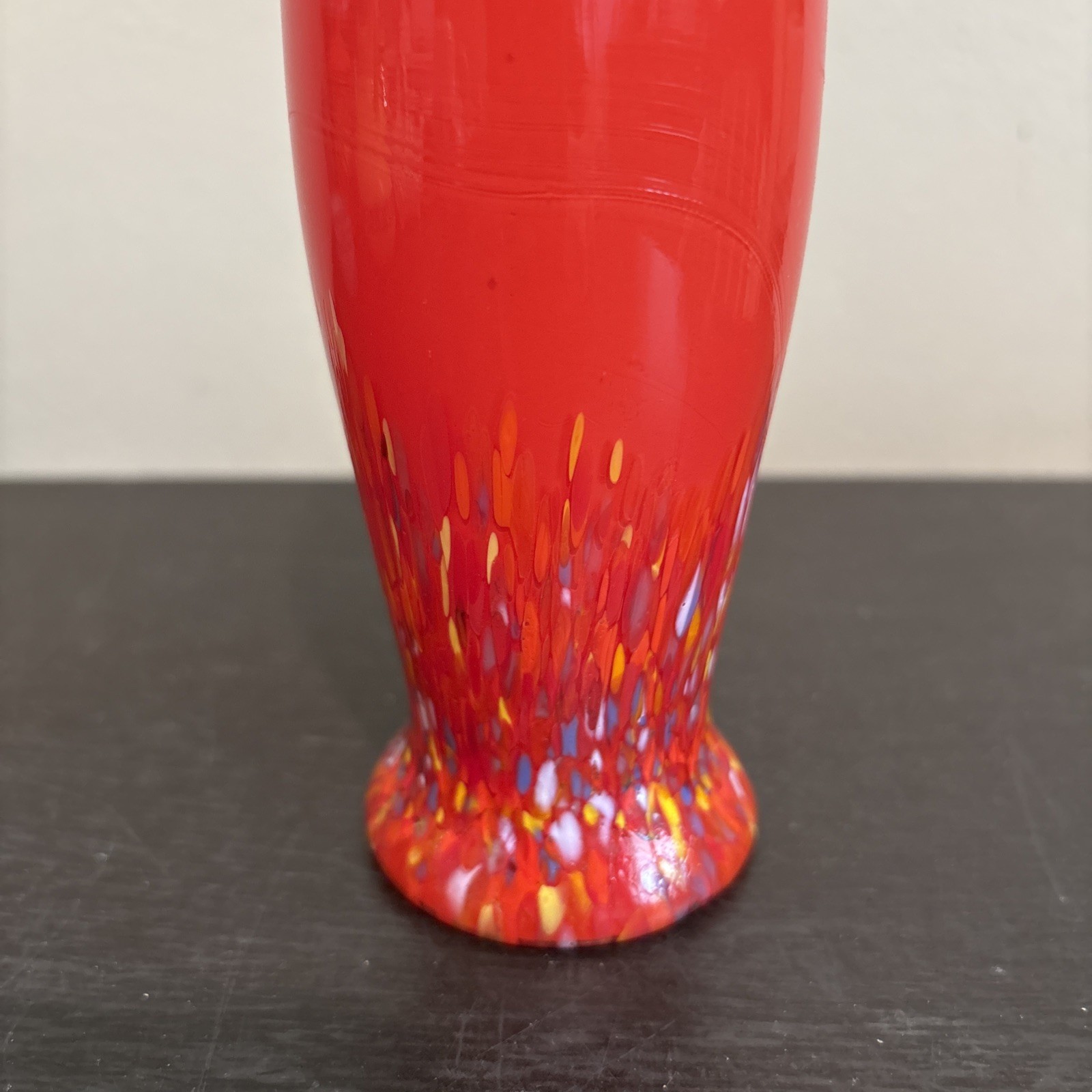 VTG Czech Multicolor Red/Orange White Art Deco Spatter Glass Vase 1930’s 6.5”