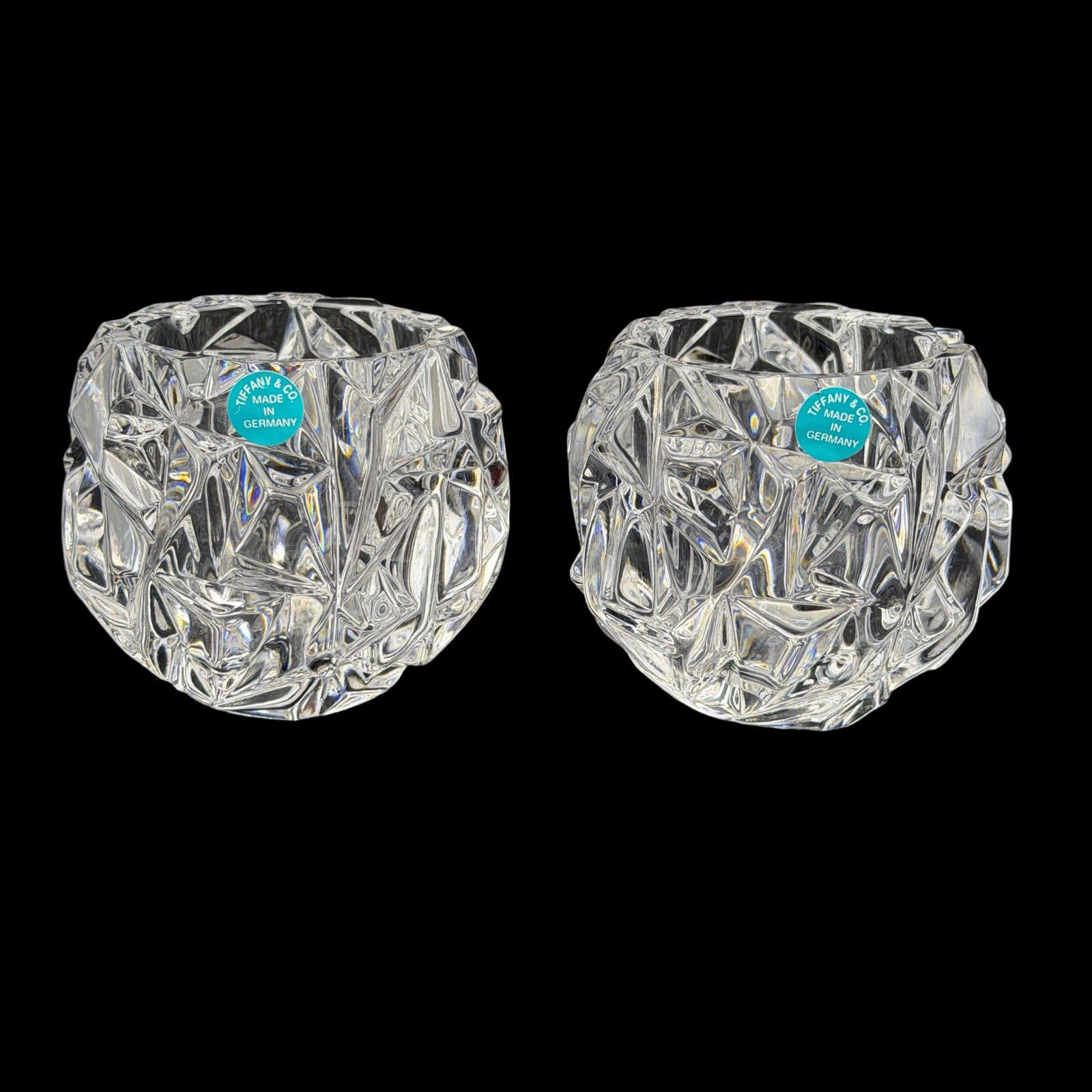 Pair of Authentic Tiffany & Co. “Rock Cut” Crystal Votive Candle Holders 3” EUC