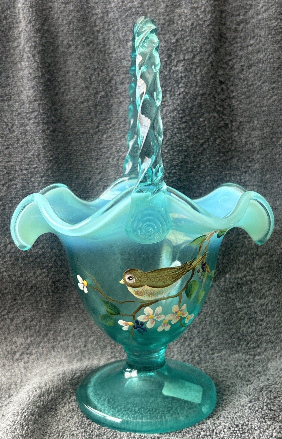 Fenton Robins Egg Blue 10” Basket with Handle and Hand Painted Bird 6335 U6