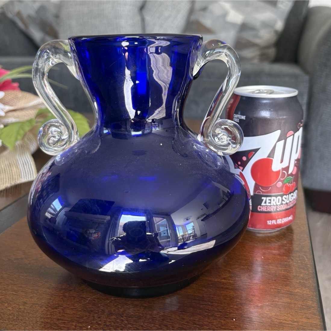 Cobalt Blue & Clear Glass Vase with Clear Handles, Blue/Clear