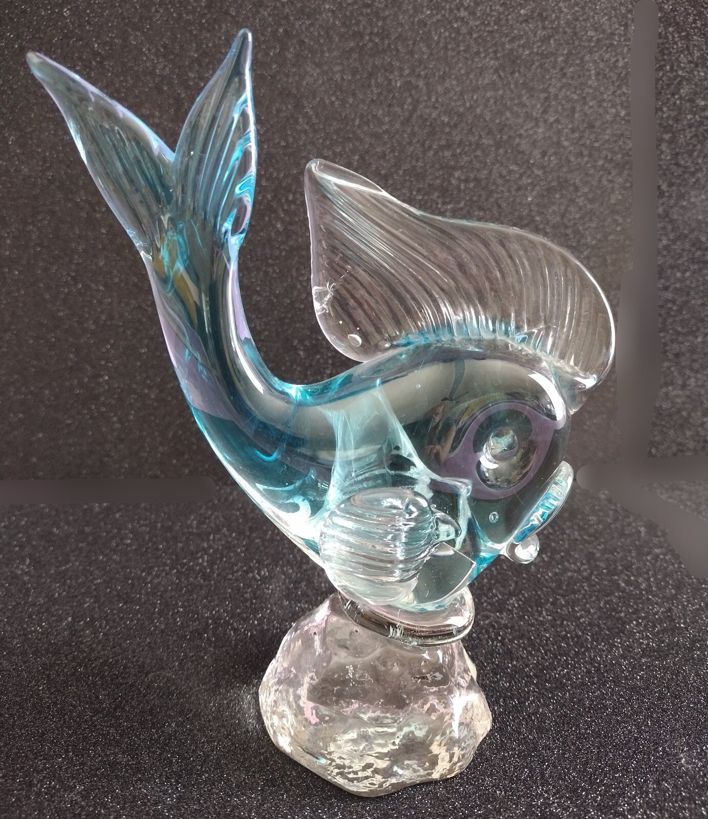Blown Glass Tropical Fish Figurine Paperweight Heavy Figure Clear and Blue 6.5in