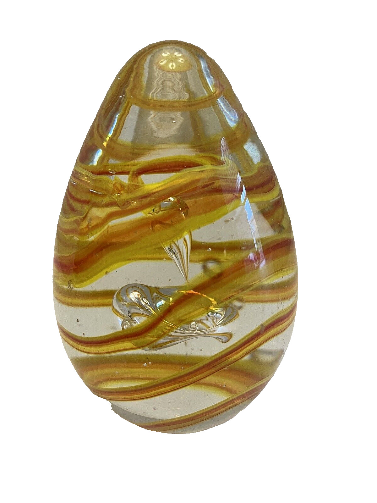 Paperweight Art Glass Egg-Shaped Hand Blown Yellow Orange Swirl 3 3/4 In Tall
