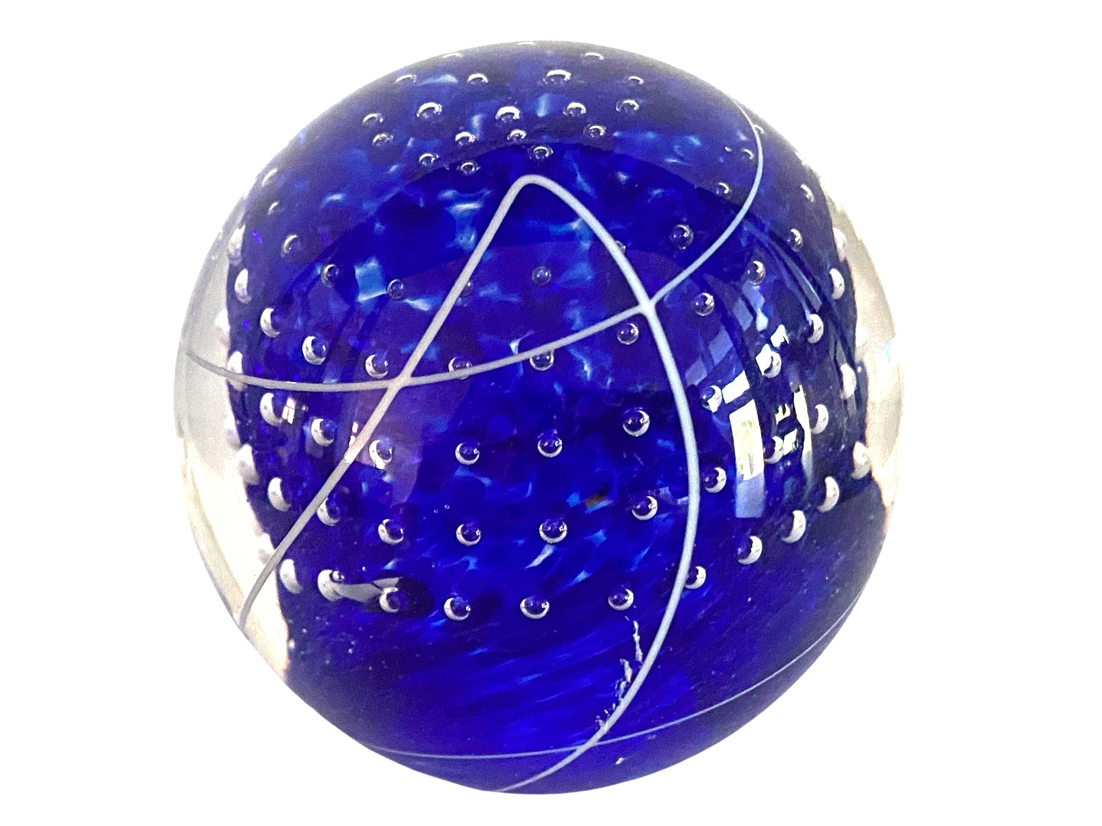 Blue Art Glass Paperweight Orb Bubble Controlled Mid Century Modern Decor WYY