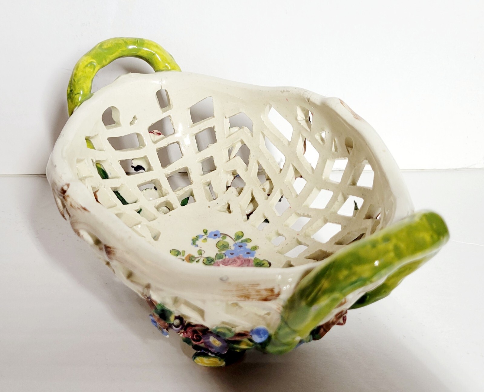 VTG Italian Handmade Hand-painted Reticulated Porcelain Basket with Flowers