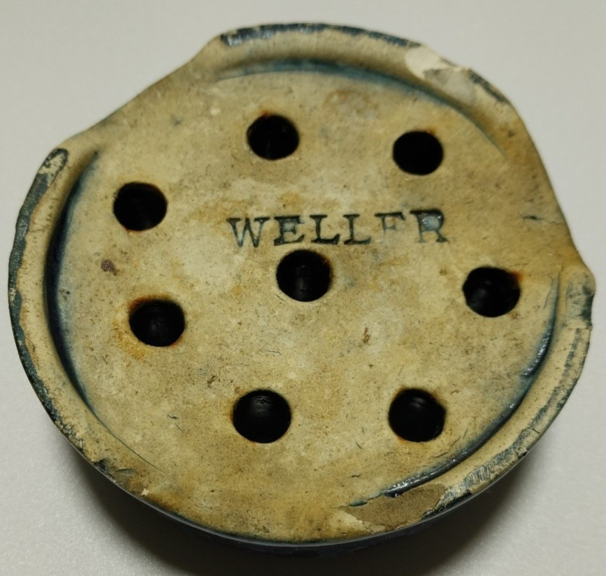 Antique WELLER 3 1/4″ x 1 1/2″ Blue Glazed 8 Hole Flower Frog