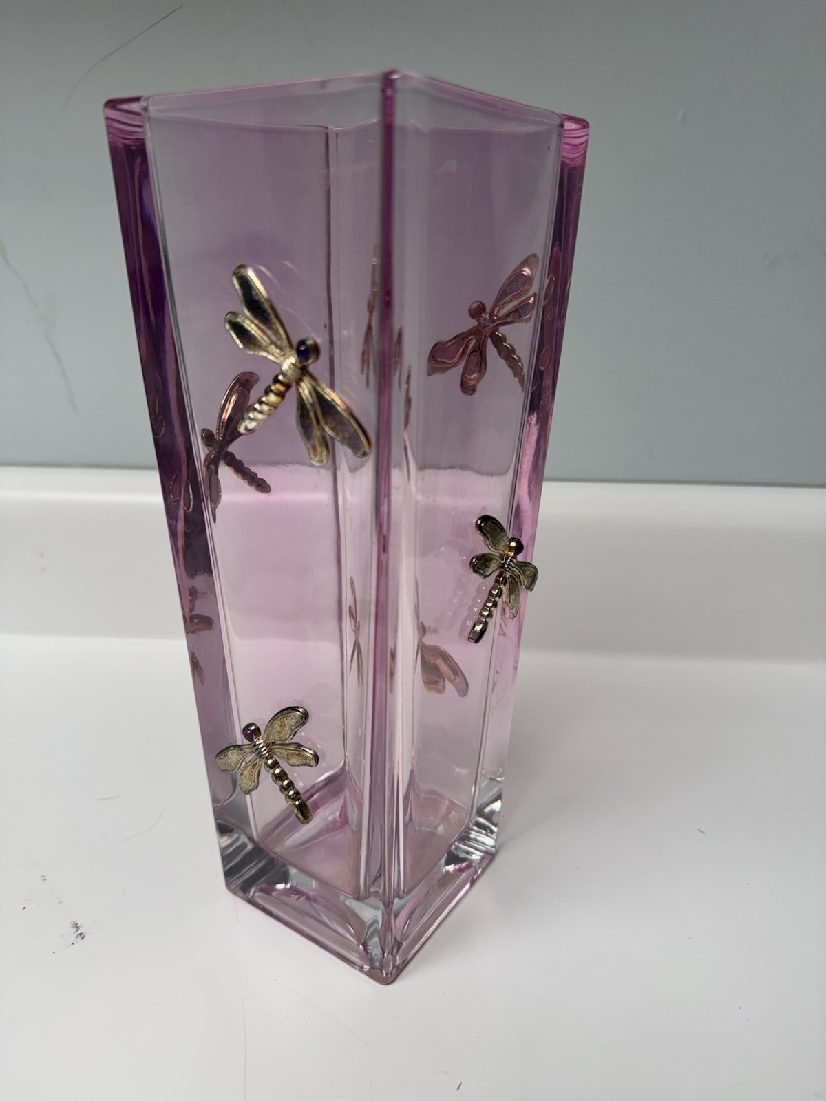 Vintage Teleflora Pink Czech Republic Crystal Case W/ Dragonflies