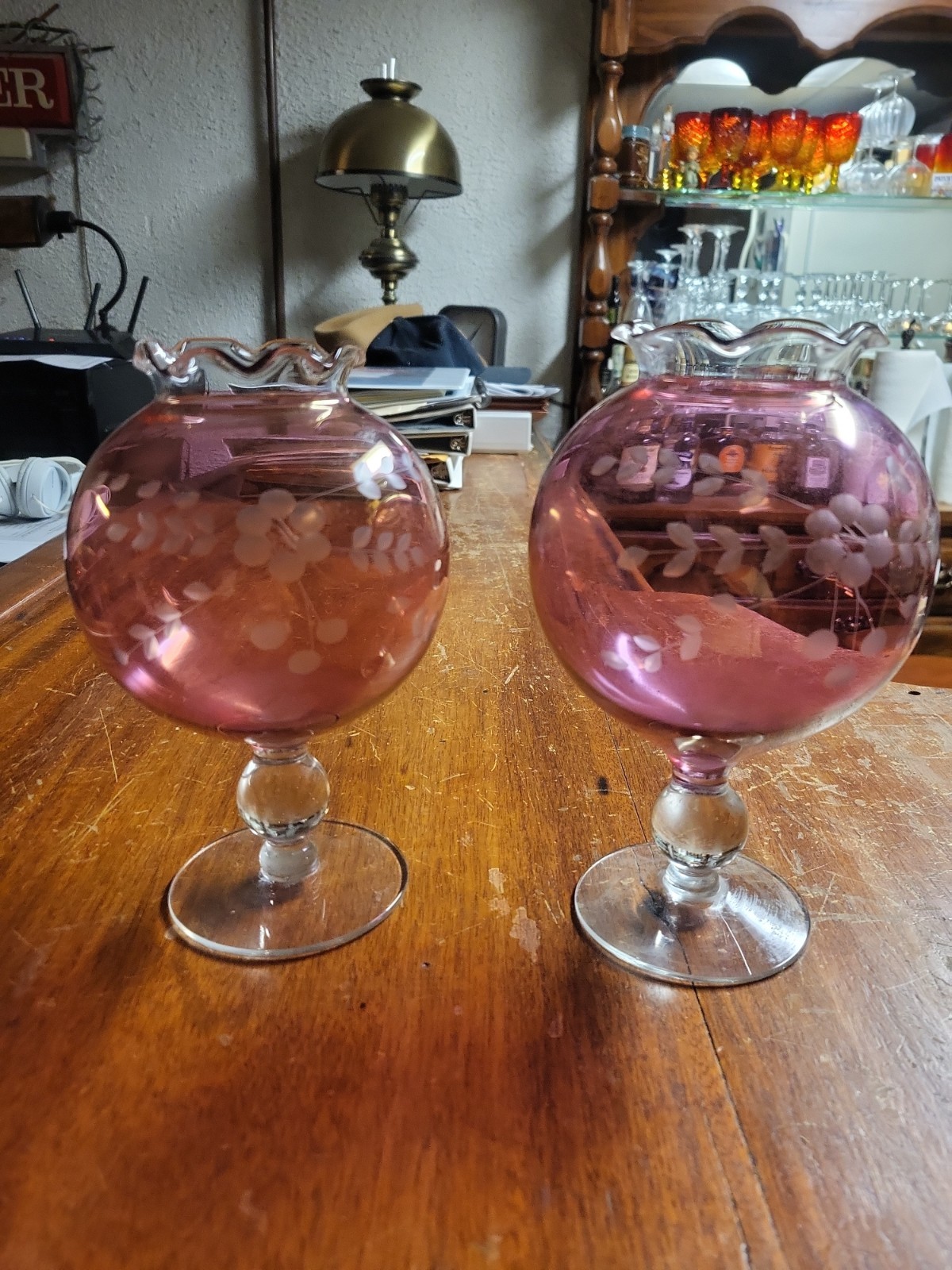 VTG Cranberry Red Etched 7 3/4” Floral Pedestal Glass Vase/Bowls w/ Ruffled Tops