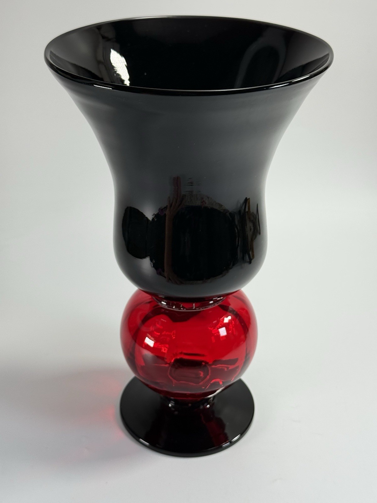 Heavy Pretty Black with Red Handblown Vase 10 1/2″ Tall