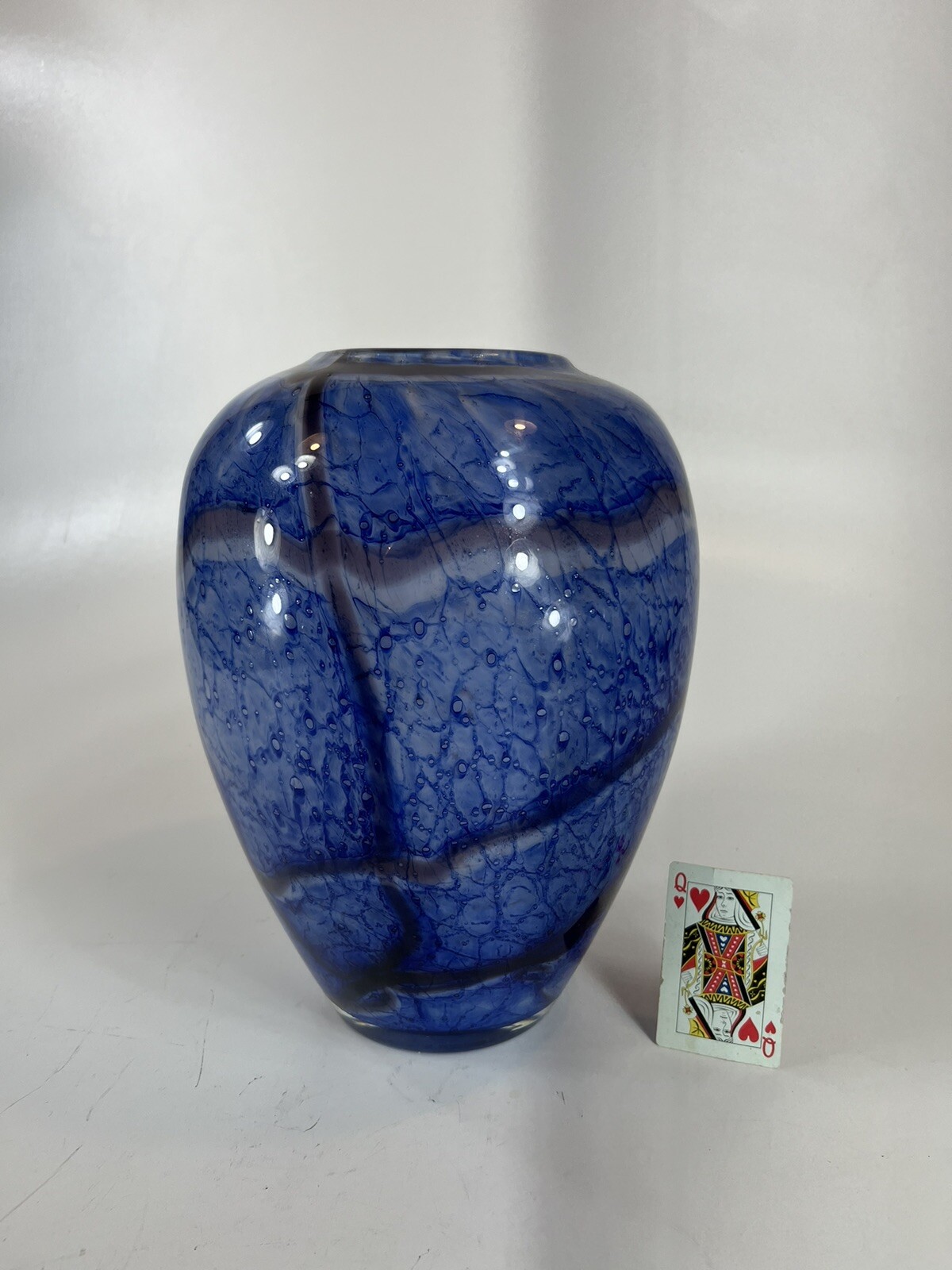 Large Vase Blue Mouth Blown Art Glass Sea Scape Gold Dust vintage 12.5″