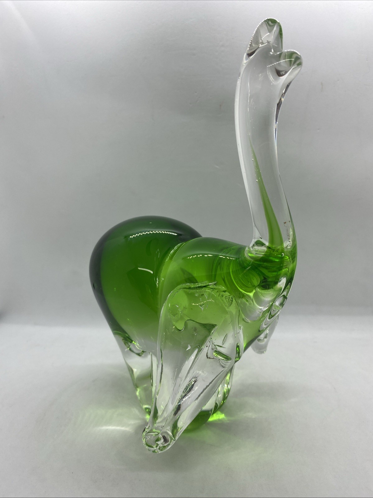 Vintage Art Glass Happy Elephant Figurine Green Clear 9″ Heavy Thick