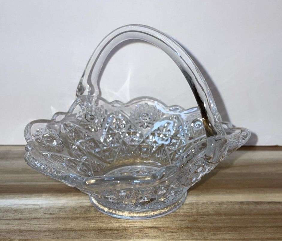 Clear Glass Basket Bowl With Handle Crystal Type 4″ Tall x 5″ Wide Used