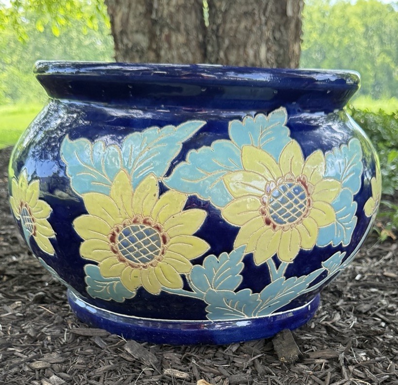 Vintage Large Enameled Ceramic Garden Pot Planter Vase Sunflowers