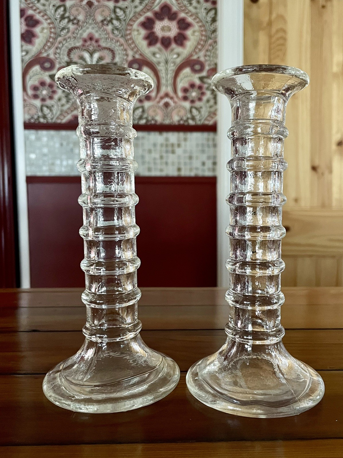 2~Clear Glass Candlestick Holders/Vases Ribbed Column Design 7” Tall