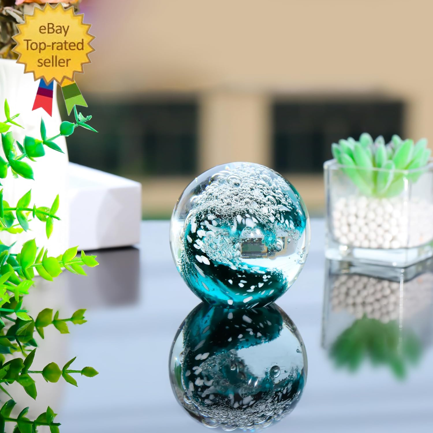 Hand Blown Ocean Waves Crystal Ball – Glass Collectible Figurines Spere