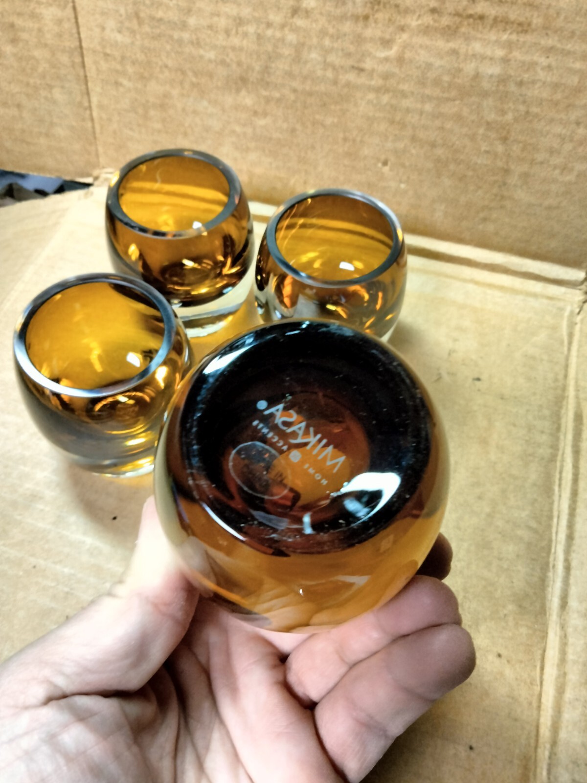 4 Mikasa Art Glass Amber Candle Votive Holder Mid Century Heavy Bottom 3″ Tall