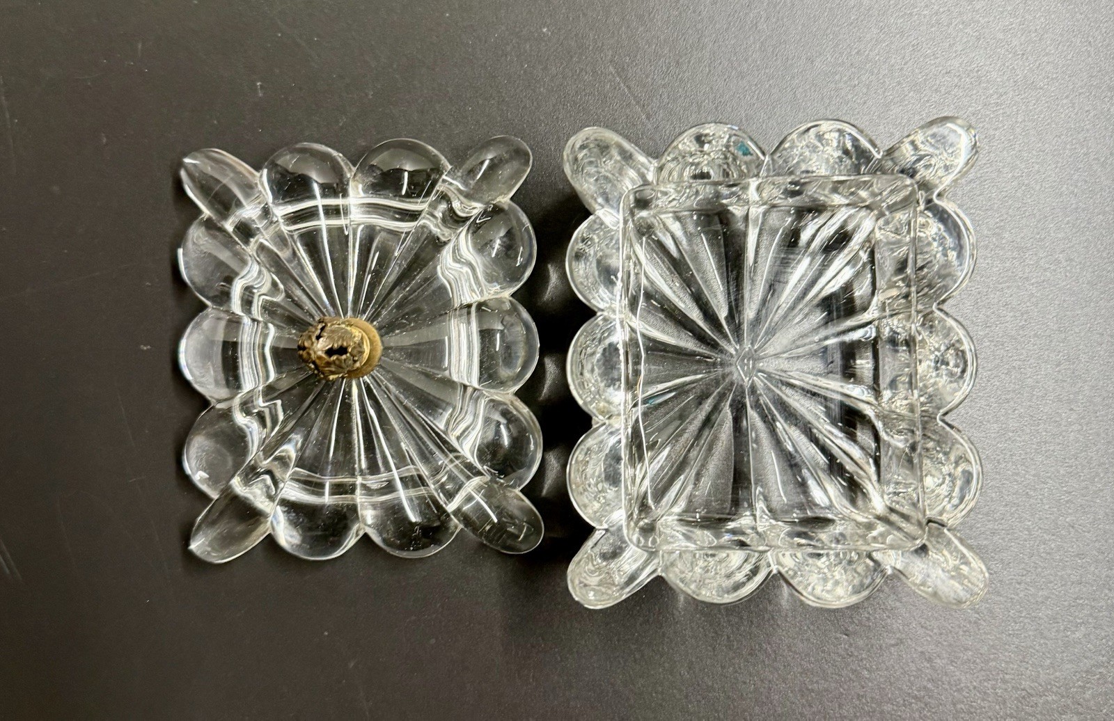 Heisey Crystolite Style Clear Glass Lidded Decorative Box Brass Metal Handle