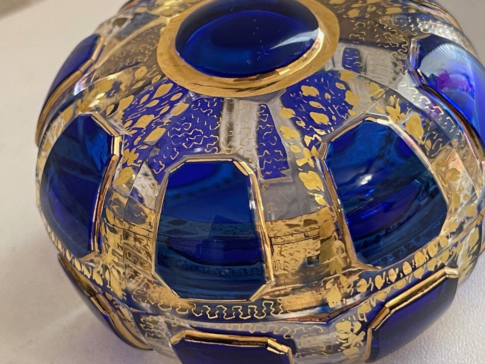 Vintage Antique Manner of Moser Cobalt Clear & Gold Faceted Glass Round Box