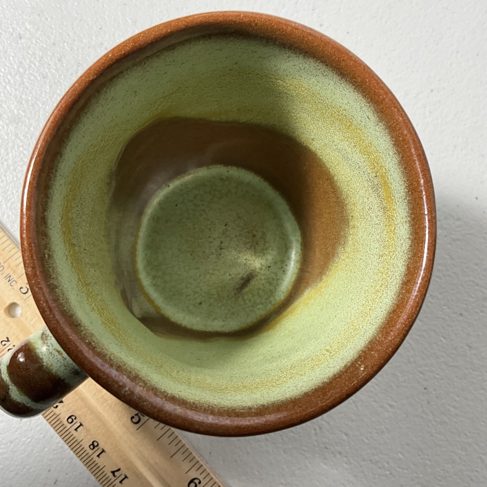 Handmade Studio Pottery Mug Green Brown Drip Glaze Textured Ceramic Coffee Cup