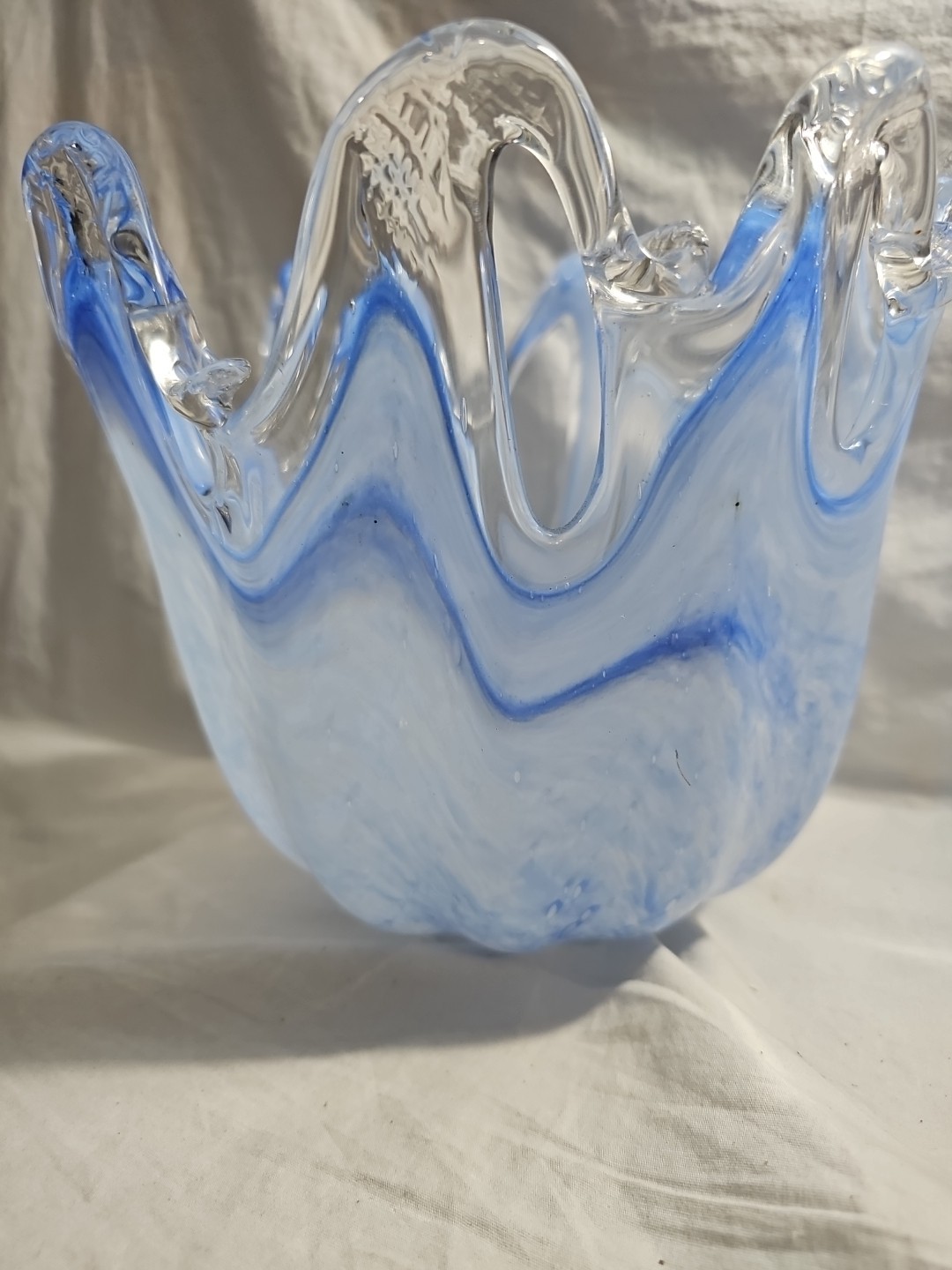 Large Murano Art Glass Vase Bowl Italy Hand Made Label Blue Unique Style Rare