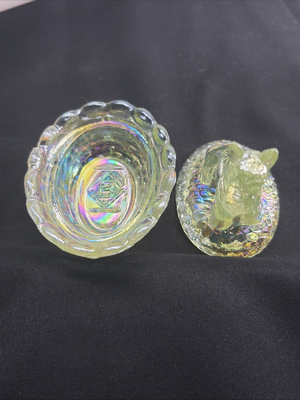 Boyd Scottie Dog on Nest Salt 2.5″ Vaseline Iridescent Uranium Glass UV Glow HTF
