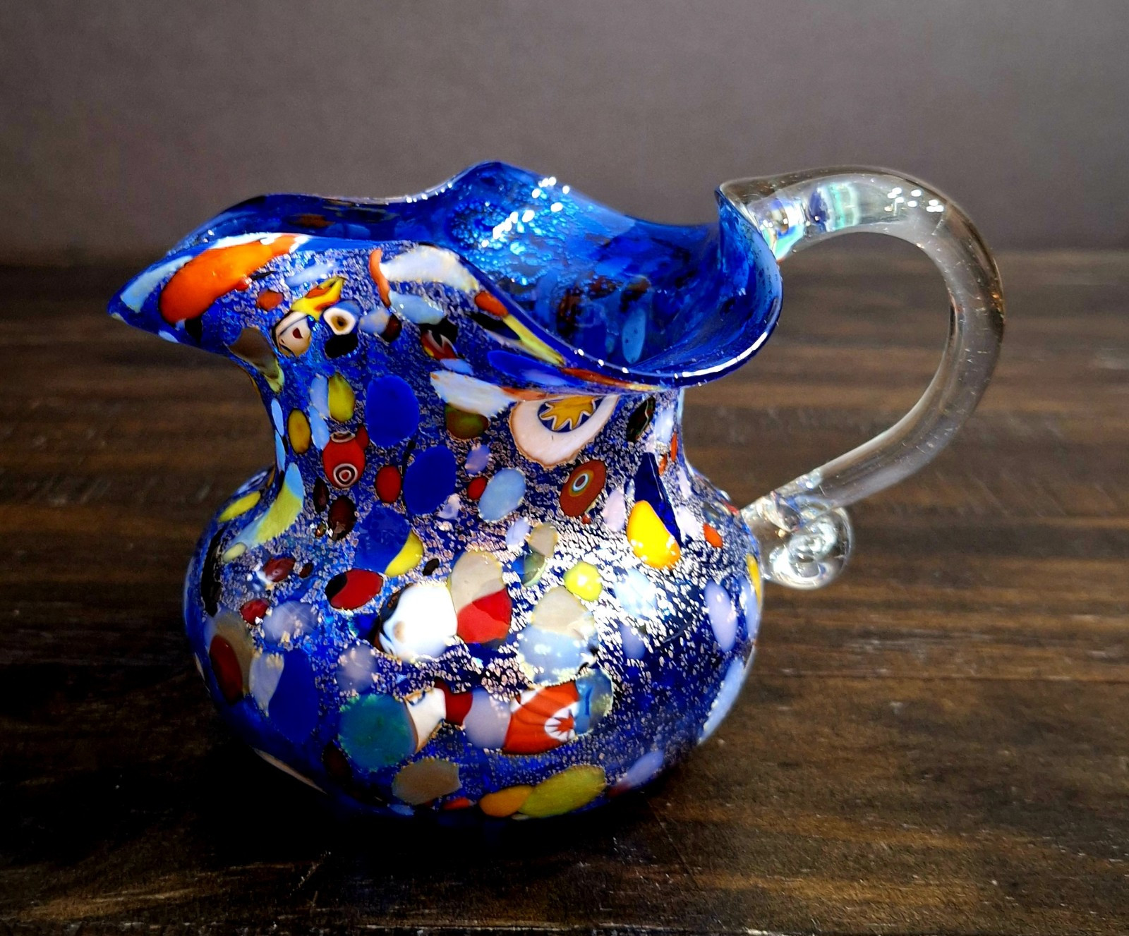 Murano Harlequin Millefiori Handkerchief Jug CC Zecchin Made In Italy 3 3/4″H