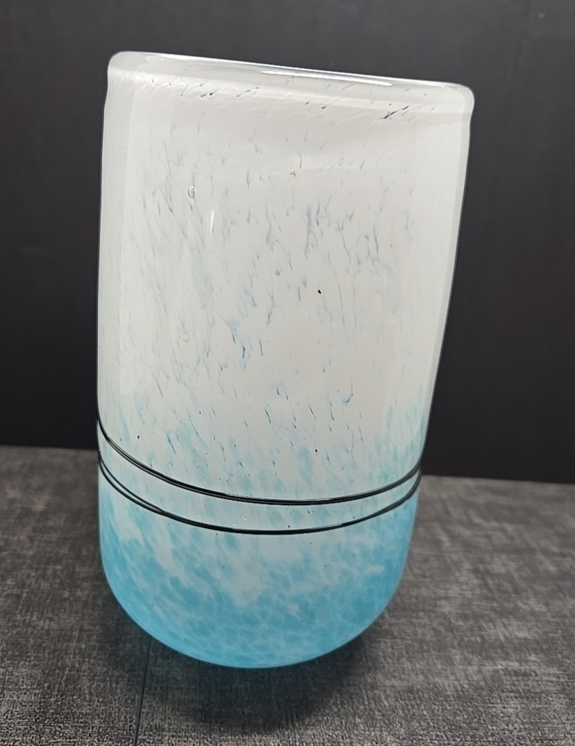 Taylor Backes Handblown Art Glass Vase White/Blue w/Black Wrapped Stringers 8.5″