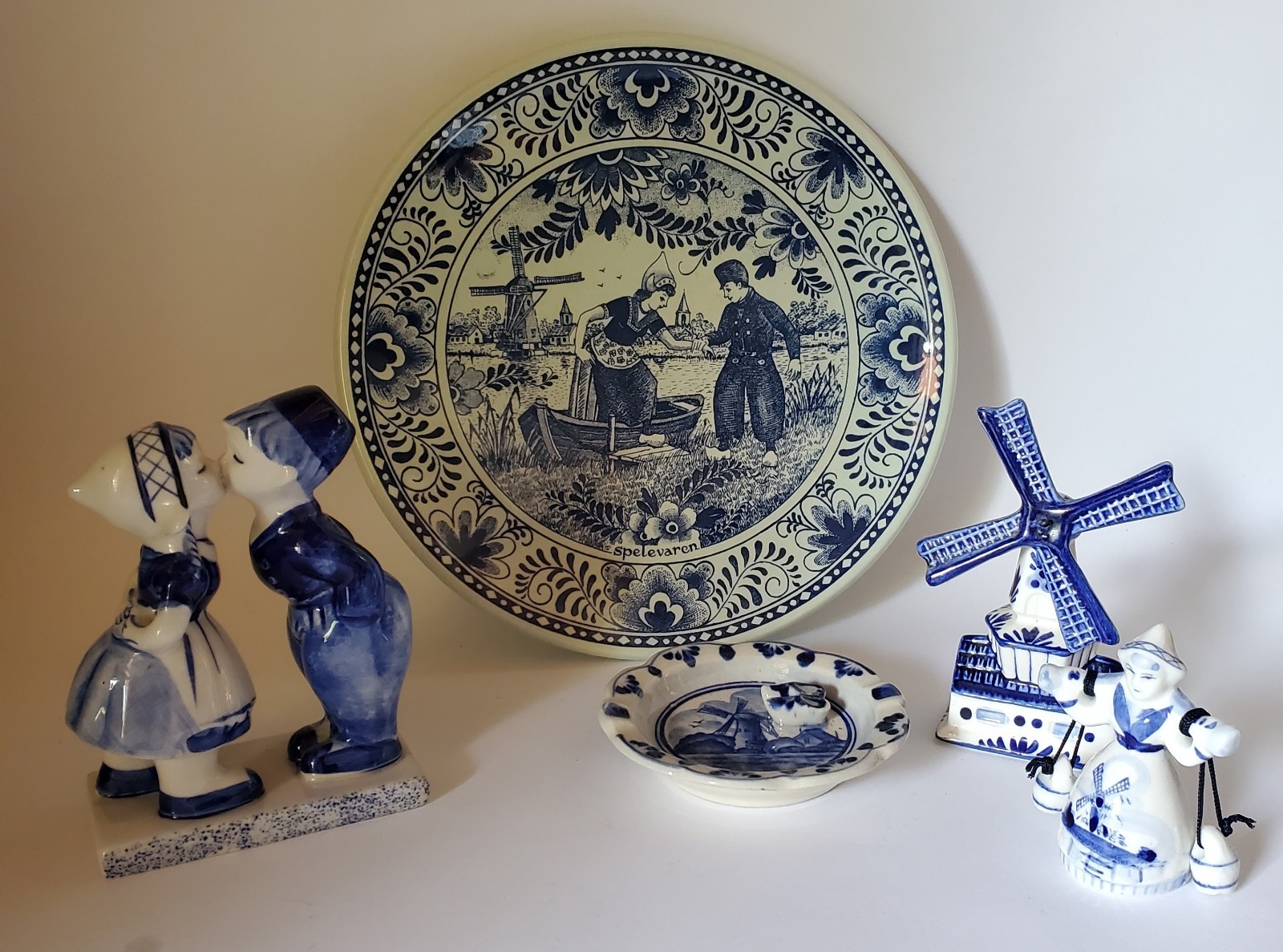 Handpainted Dutch Delft Blue Decor Item Set, Trinkets, Plate, Ashtray, Windmill