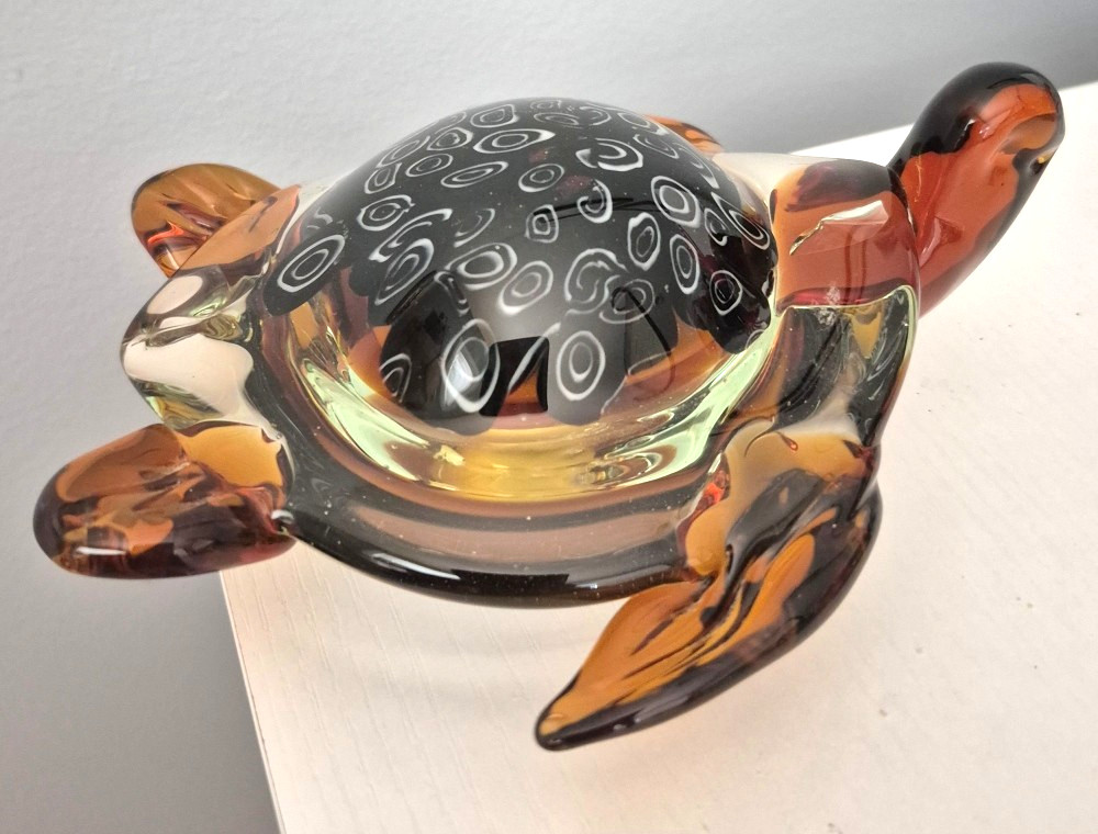 Sea Turtle Art Glass Tortoiseshell Murano Style Amber Black with White Circles