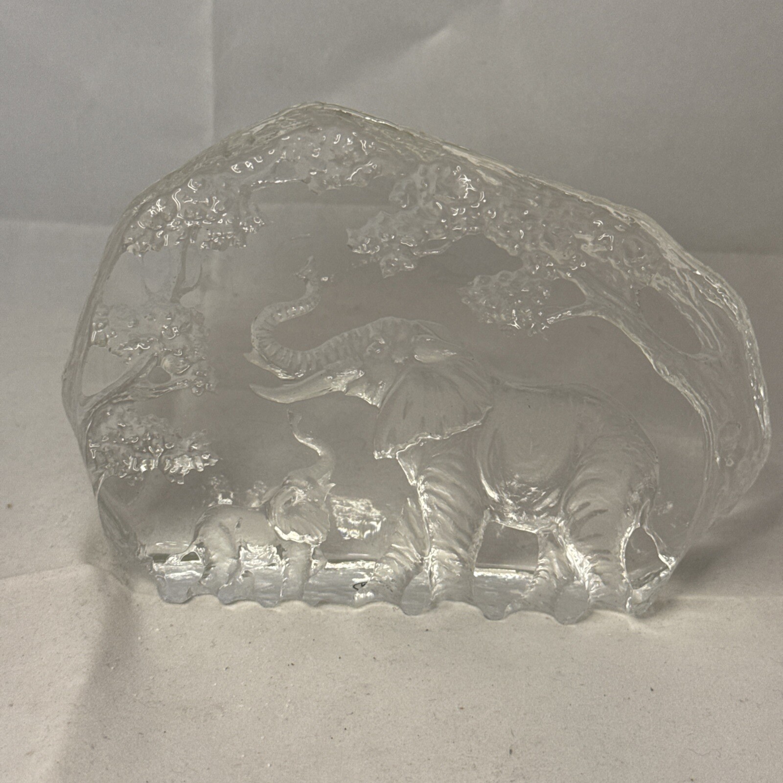 Clear Etched Art Glass Elephant Trunk Up Paper Weight 2.3lbs 5 7/8”x 4 7/8”x1”