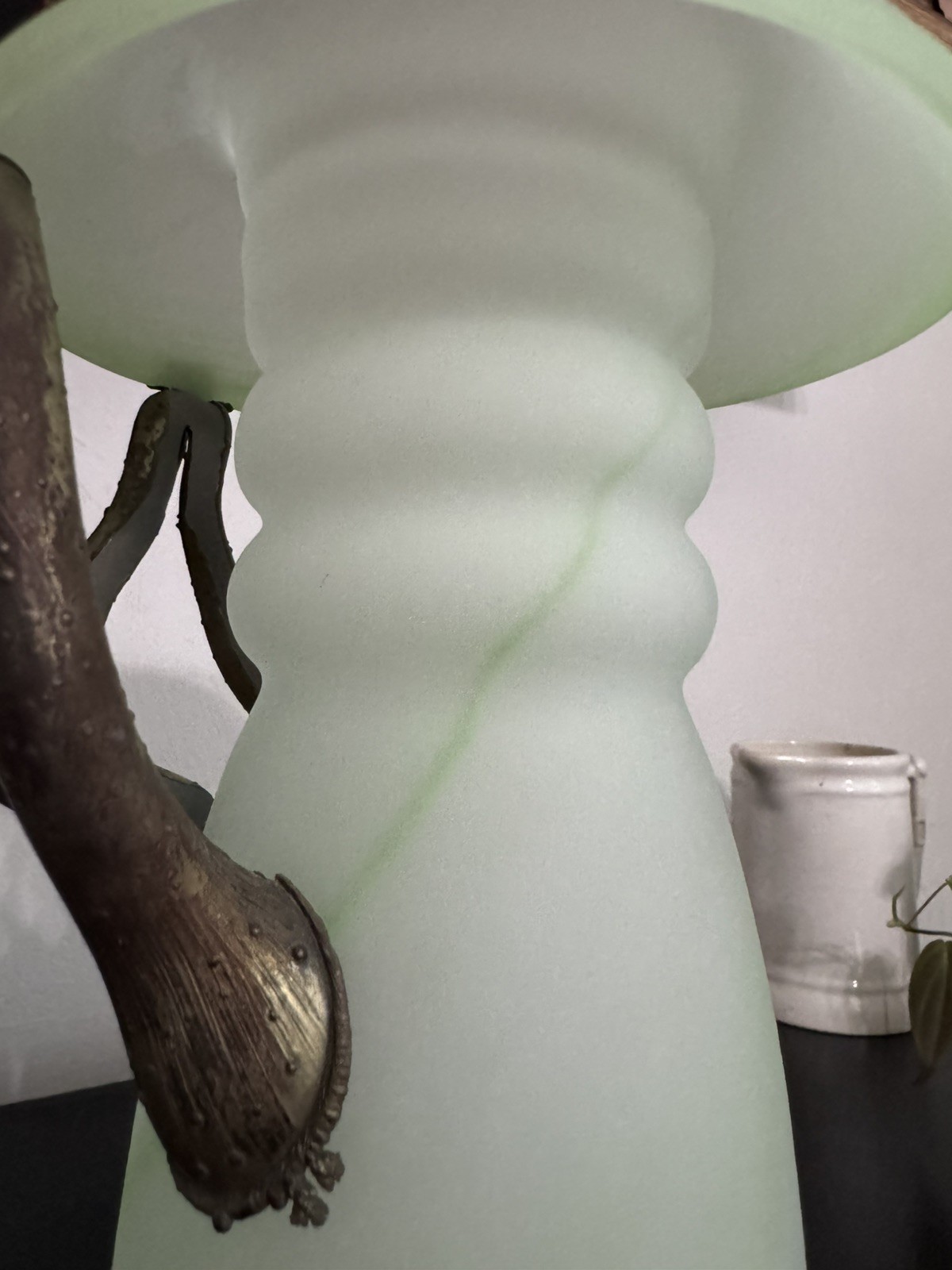 ROMBLASZNA Frosted Swirl Art Glass Vase w/ Metal Handles Romania White/Green
