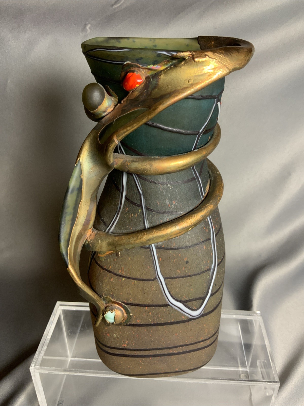 Signed Art Glass Vase With Bronze And Semi-Precious Stones