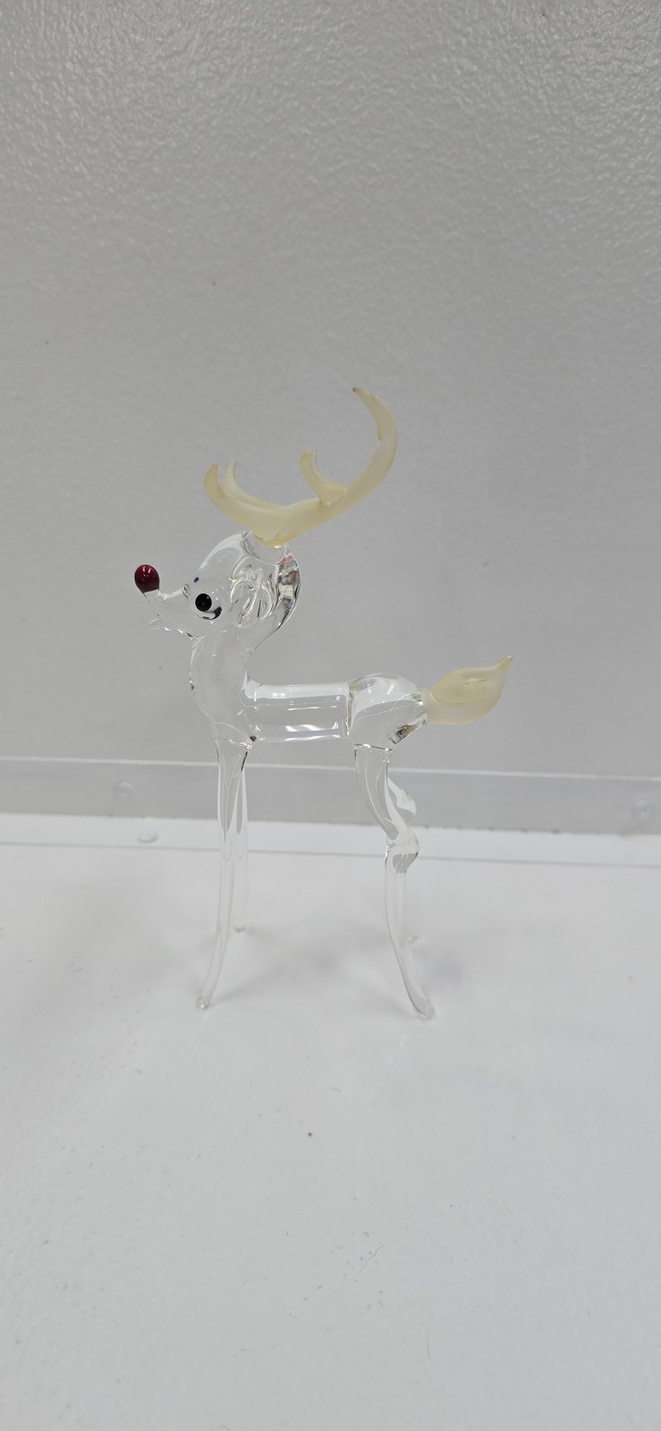 Glass Reindeer Figurine Hand Blown Clear Red Nose Yellow Antlers Christmas Decor