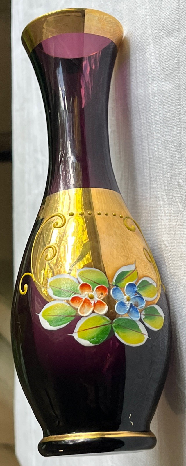Vintage ‘Royal Quality Japan’ Amethyst Art Glass Bud Vase Gold Gilt Enamel Decor