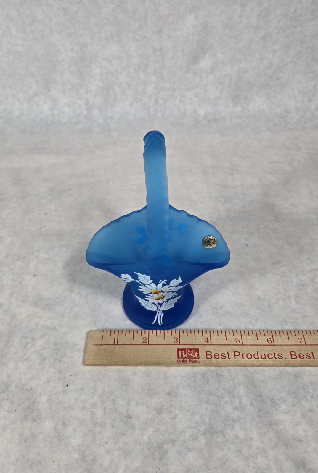 Vintage Westmoreland Blue Satin Glass Basket Hand Painted Daisy Floral 1970’s