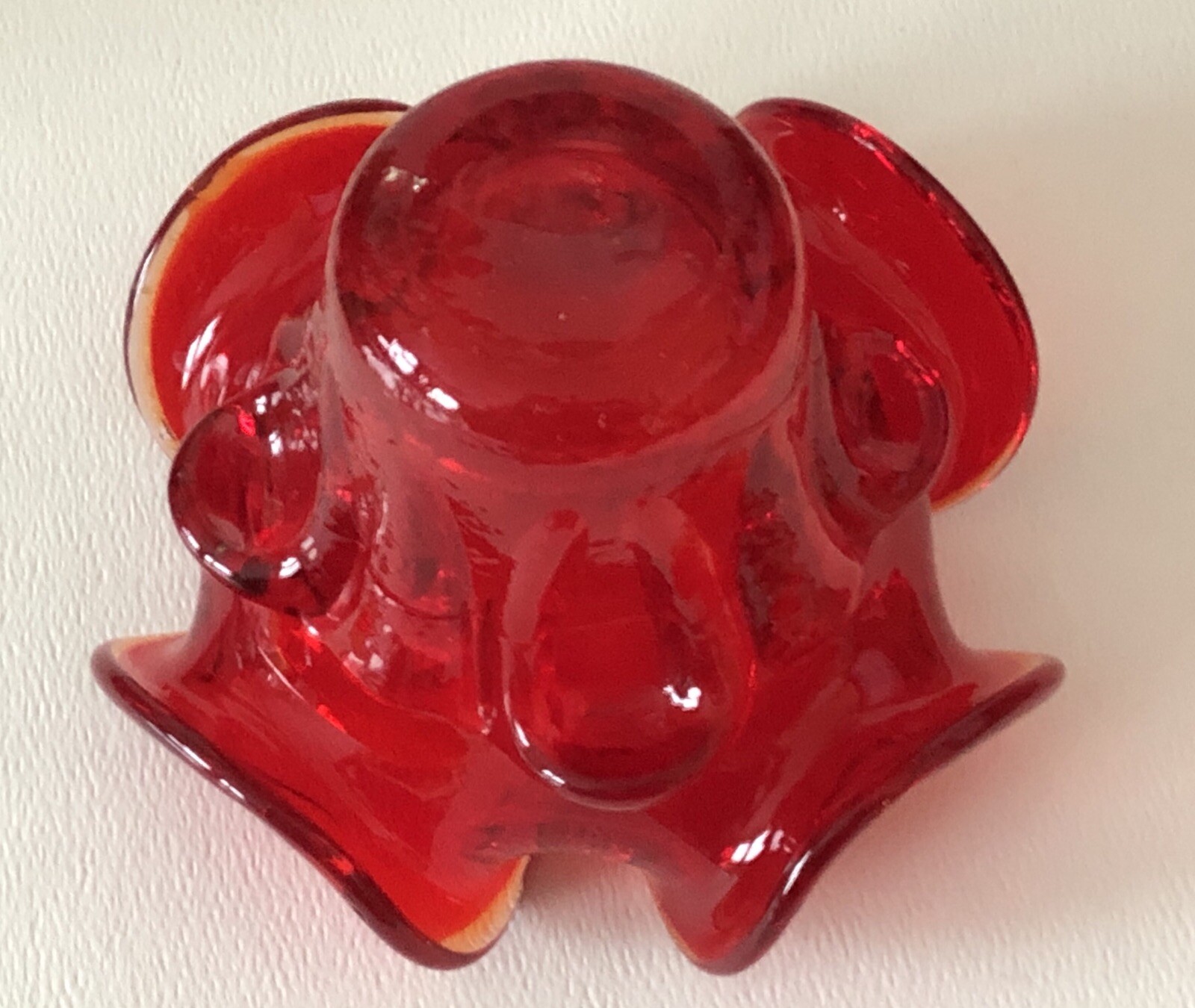 Vintage Mid Century Modern Heavy Ruby Red Glass 4 Lobed Ruffled Small Vase