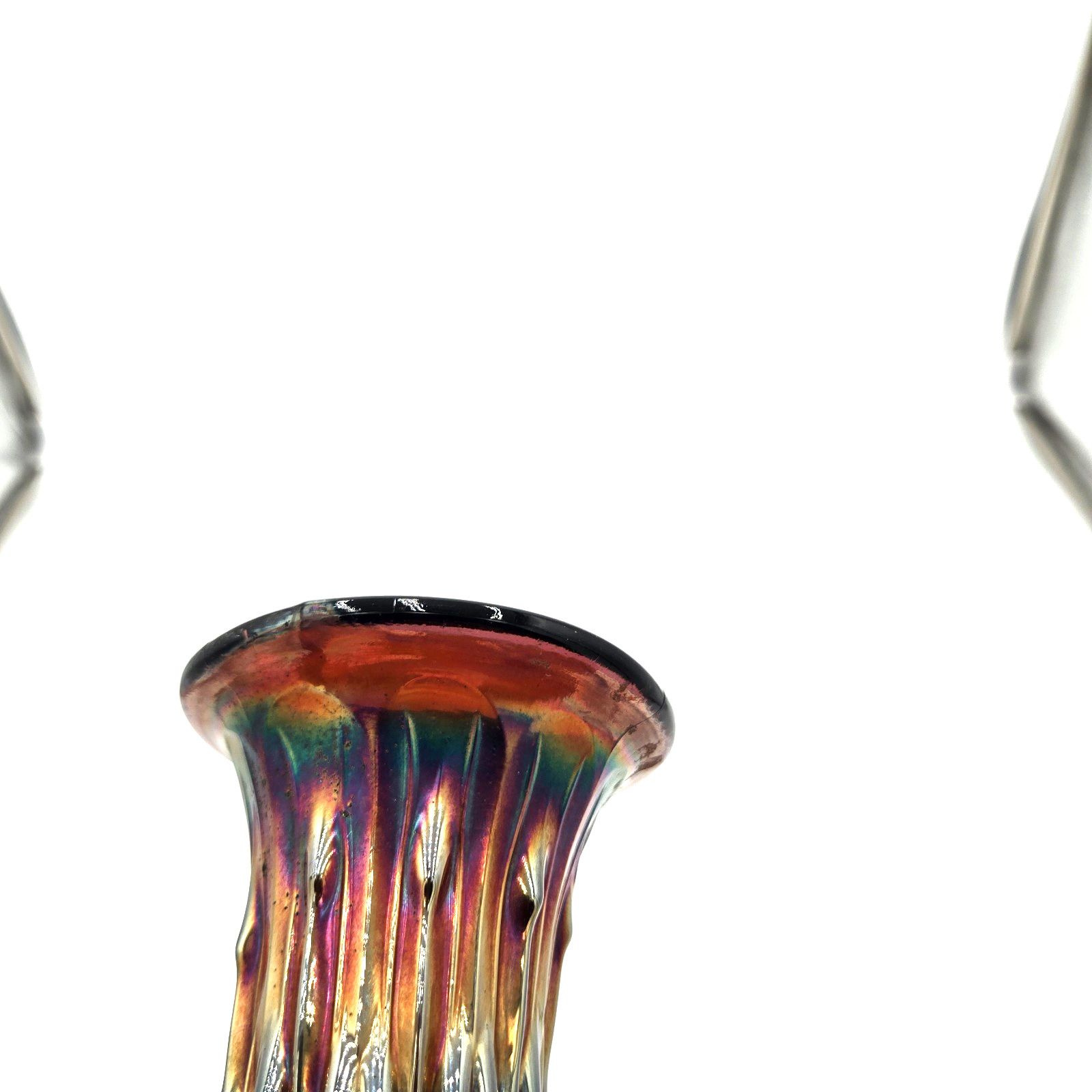 Vintage Carnival Glass Swung Vase Tree Trunk Iridescent Stretch Glass 12 Inch