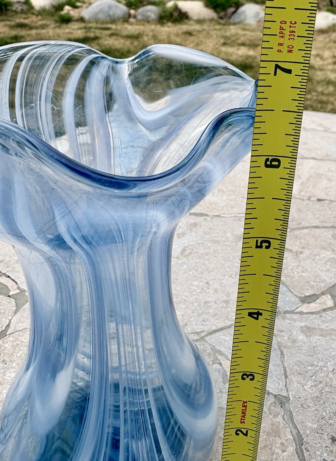 Vtg Signed New Morning Glass Studio Handblown Ocean Blue Swirl Waves Ruffle Vase