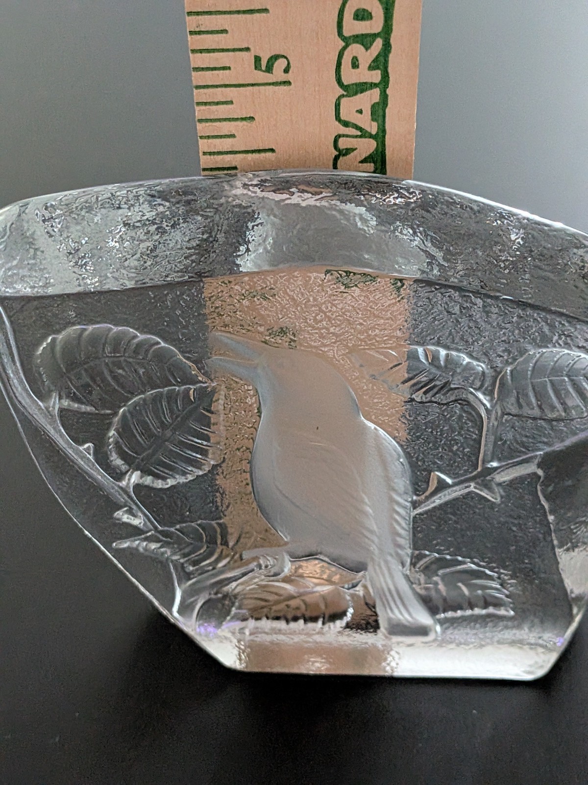Mid Century Clear Glass Block Etched Bird Paperweight Unsigned 4.5″ Tall