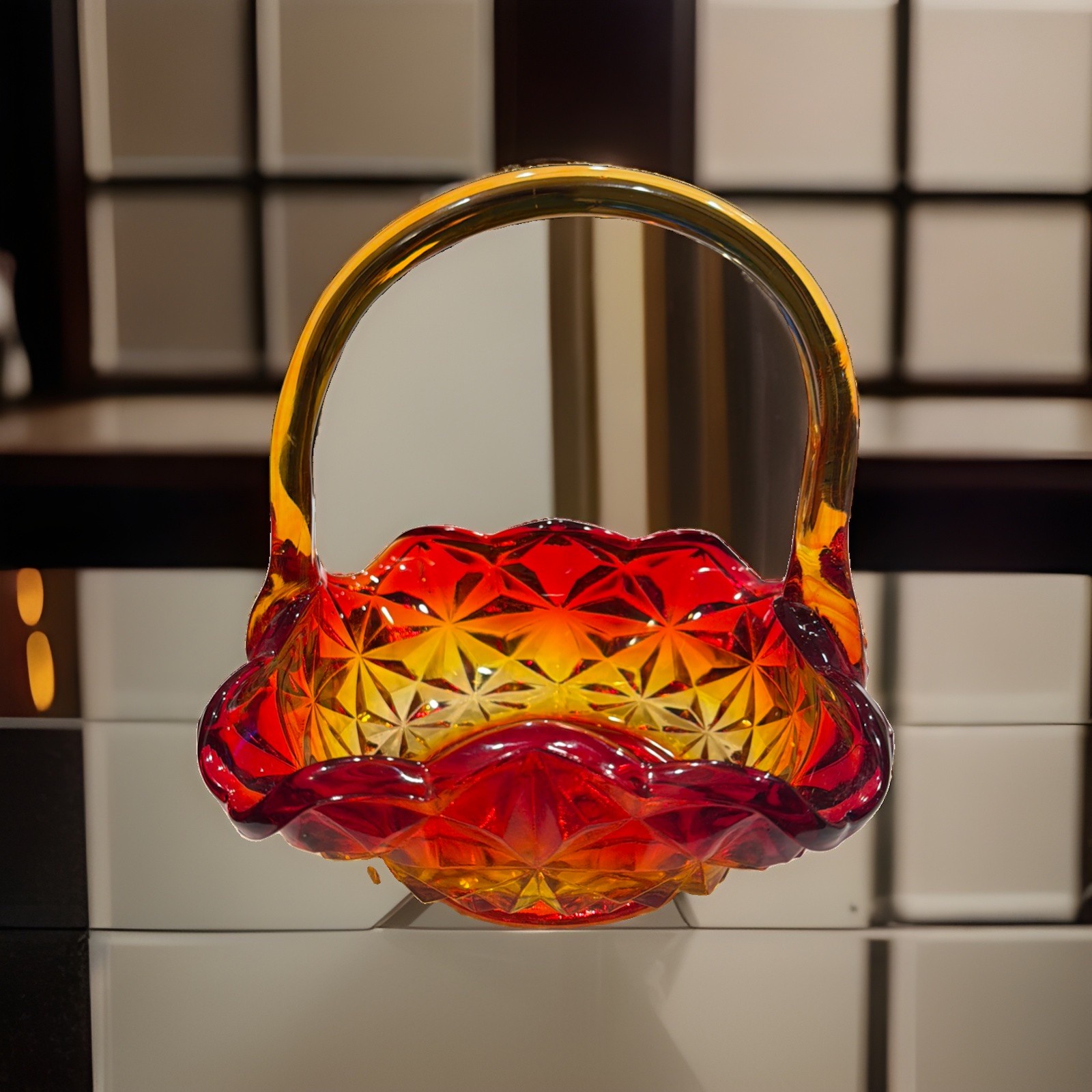 Vintage Amberina Red Orange Glass Diamond Design Handle Basket Candy Dish Gift