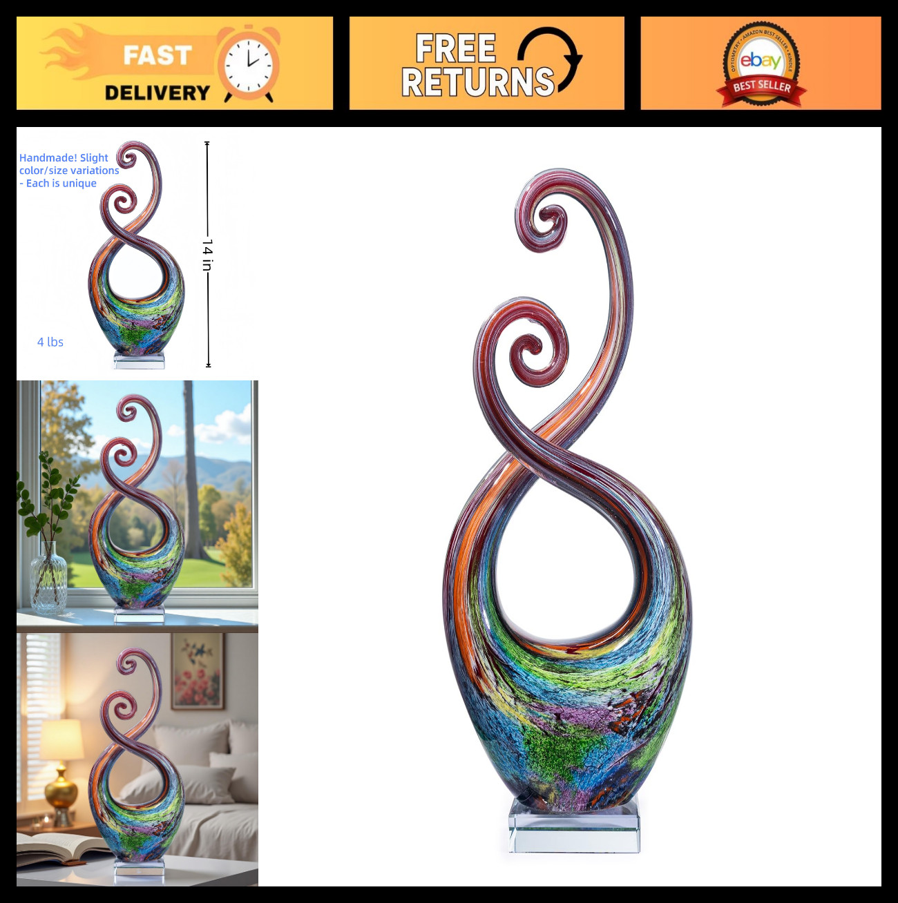 14″ Hand Blown Glass Sculpture – Murano Style Multicolor Abstract Art Decor – We