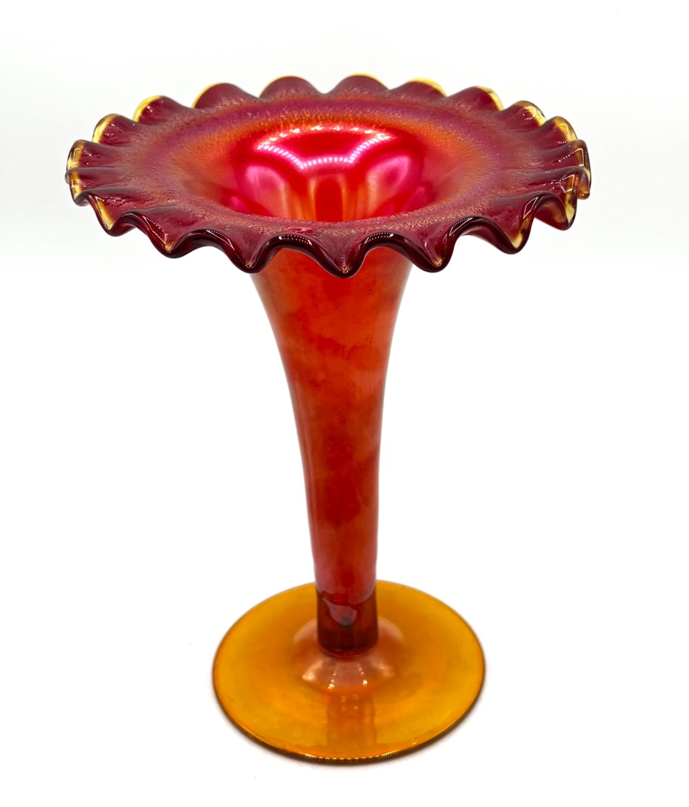 VINTAGE POSCHINGER GERMAN IRIDESCENT RUFFLED TRUMPET ART GLASS VASE UV GLOW! 8”