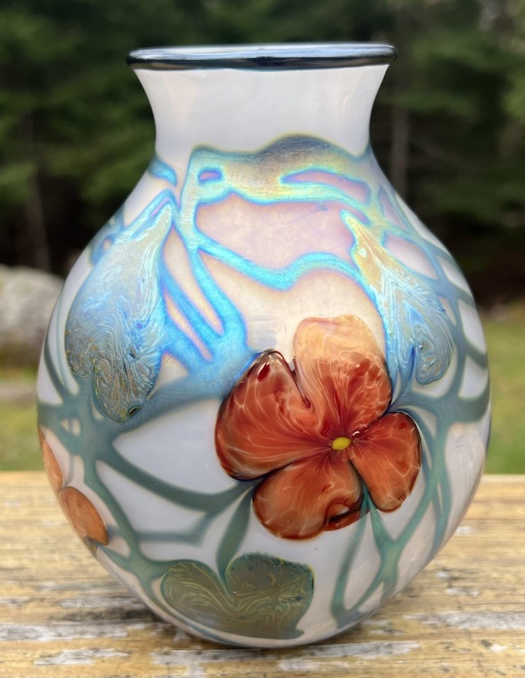 Vintage 1978 Charles Lotton Art Glass Multi Flora Poppy Vase 5.75” Tall