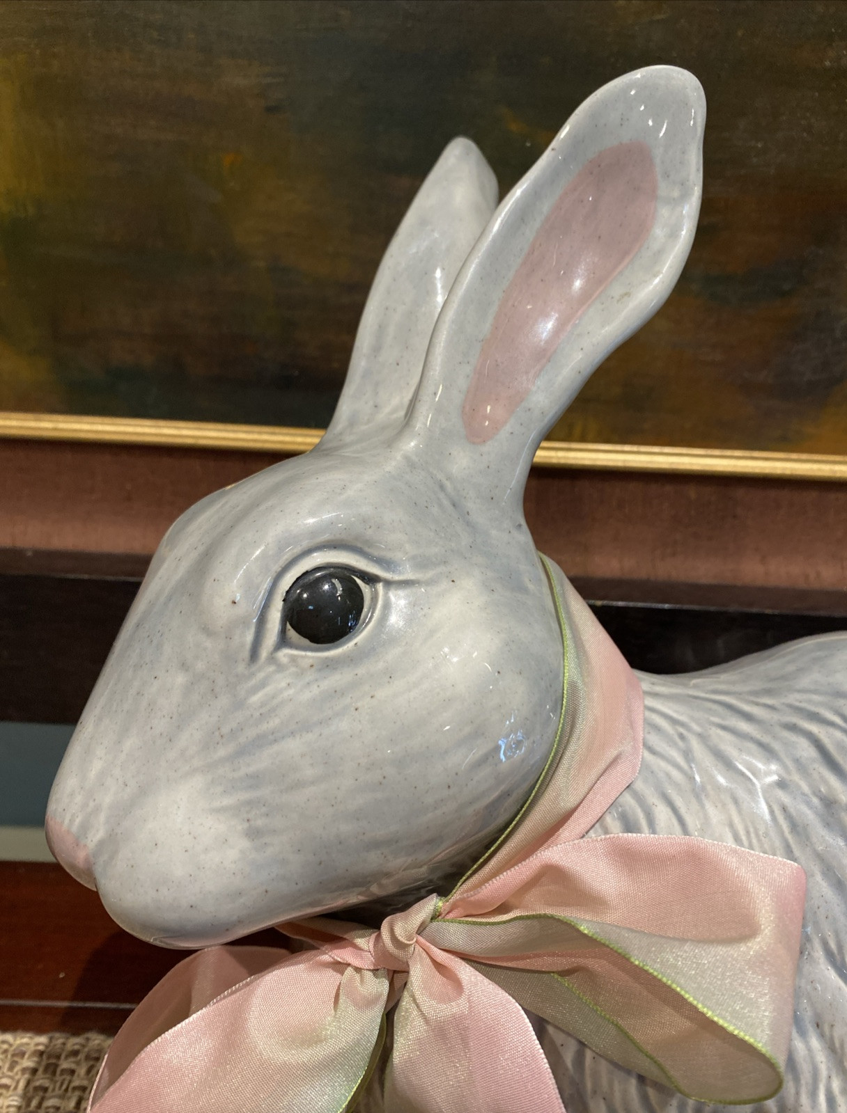 LARGE Realistic Grey Glazed Ceramic Bunny/Rabbit Sculpture 13”X11.5″ Home Decor