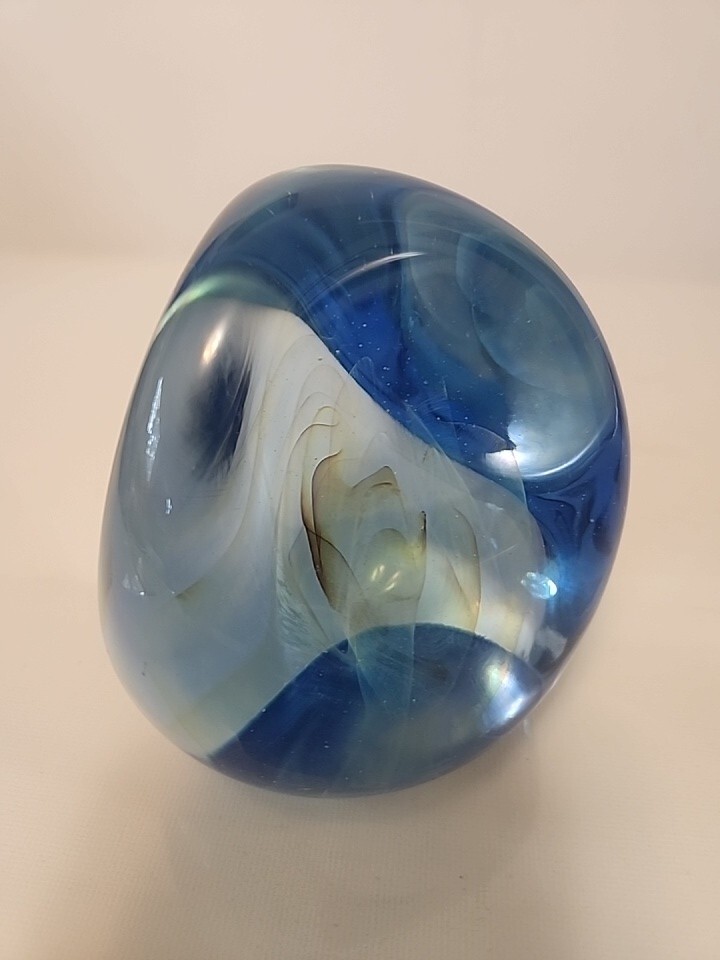 Gilbert C. Johnson Glass Clouded Veils Paperweight Signed 1997 3.50 “Blue Brown